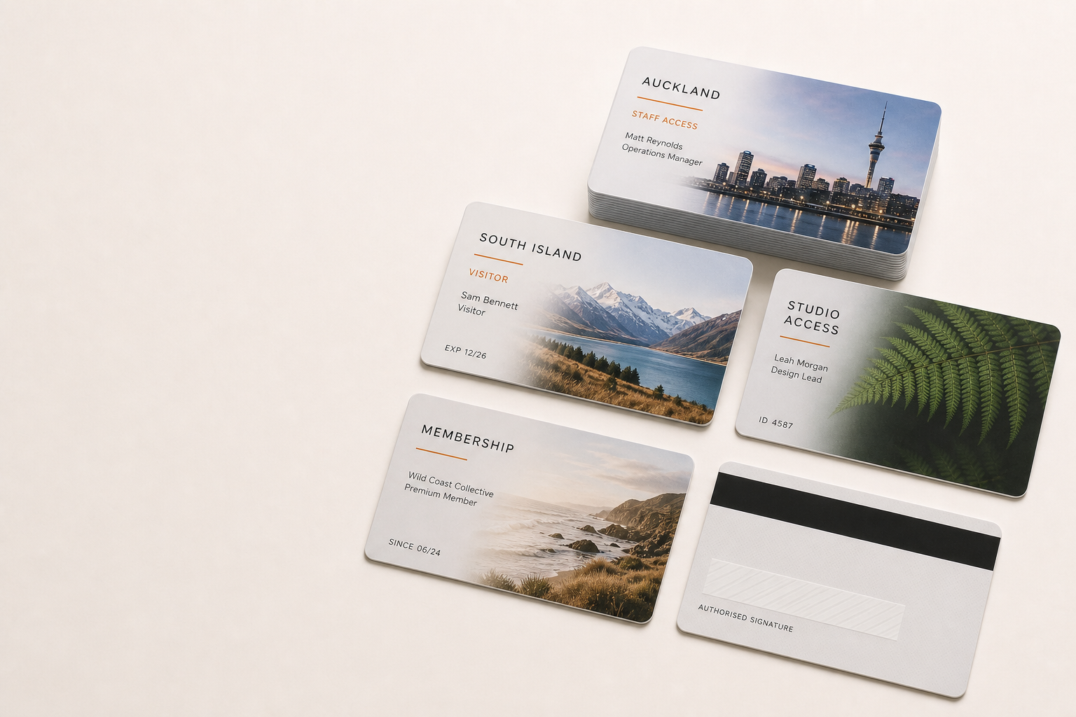 Five standard landscape CR80 access, visitor, membership and magnetic-stripe cards