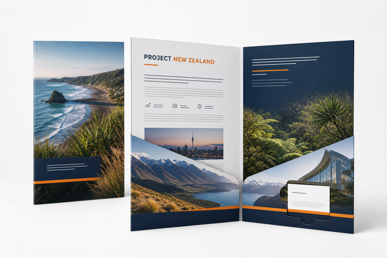 Printed presentation folders featuring New Zealand coast, native bush, alpine and Auckland photography