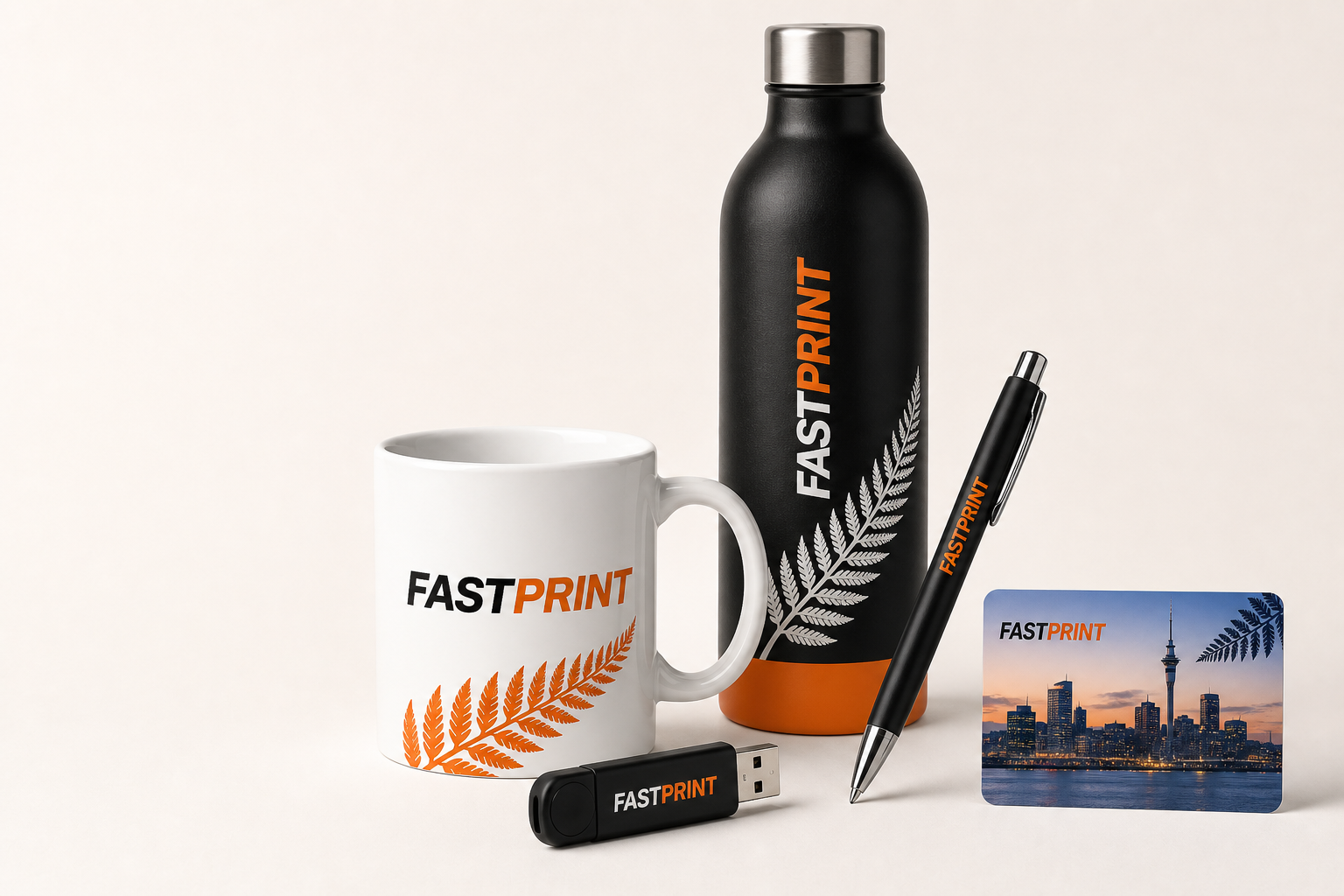 Finished Fastprint mug, bottle, pen, USB drive and landscape CR80 business card with clearly visible custom printing