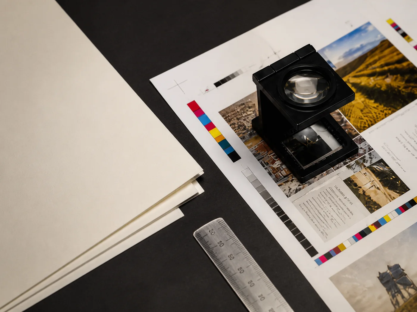 Printed proof sheets and artwork checks on a production desk