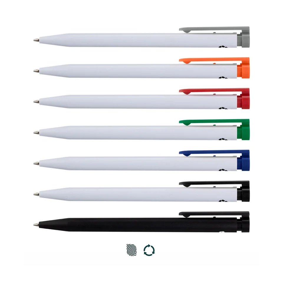 Recycled Plastic Pen product example; sample decoration may be shown