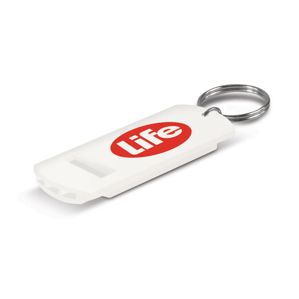 Safety Whistle Key Ring product example; sample decoration may be shown