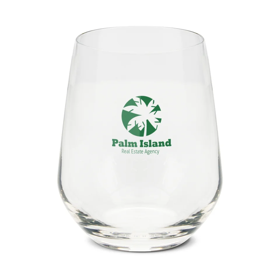 Vino Stemless Glass product example; sample decoration may be shown